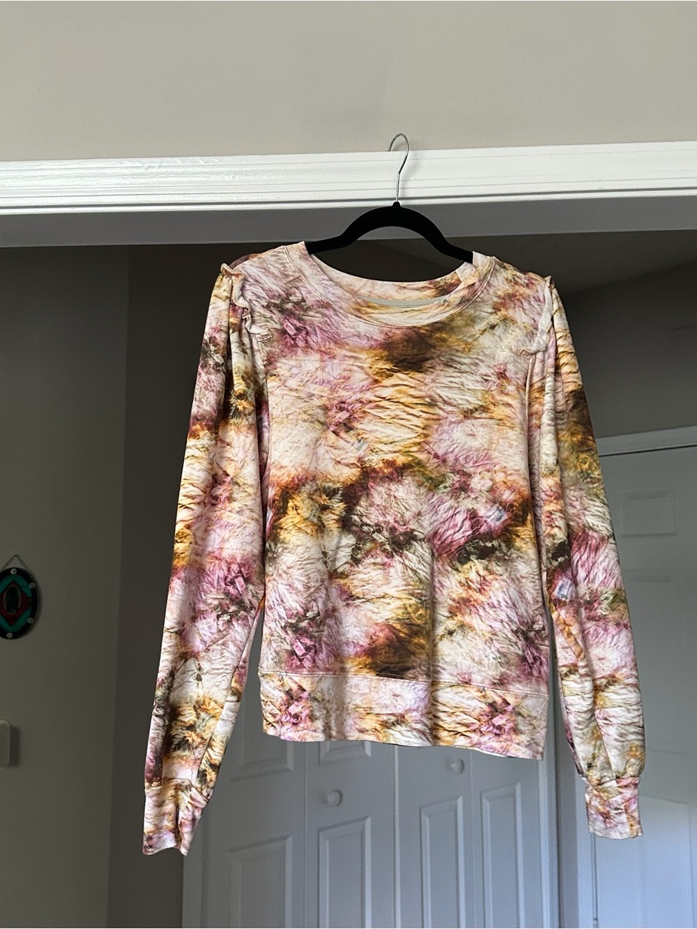 Marie Oliver Long Sleeve Tie-Dye Crewneck Top — Pink & Gold Tones